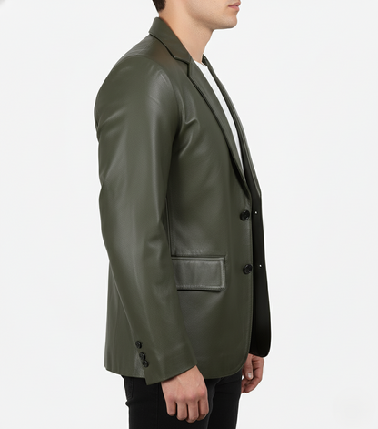 Mens Olive Green Leather Blazer Handmade Coat - Detail View