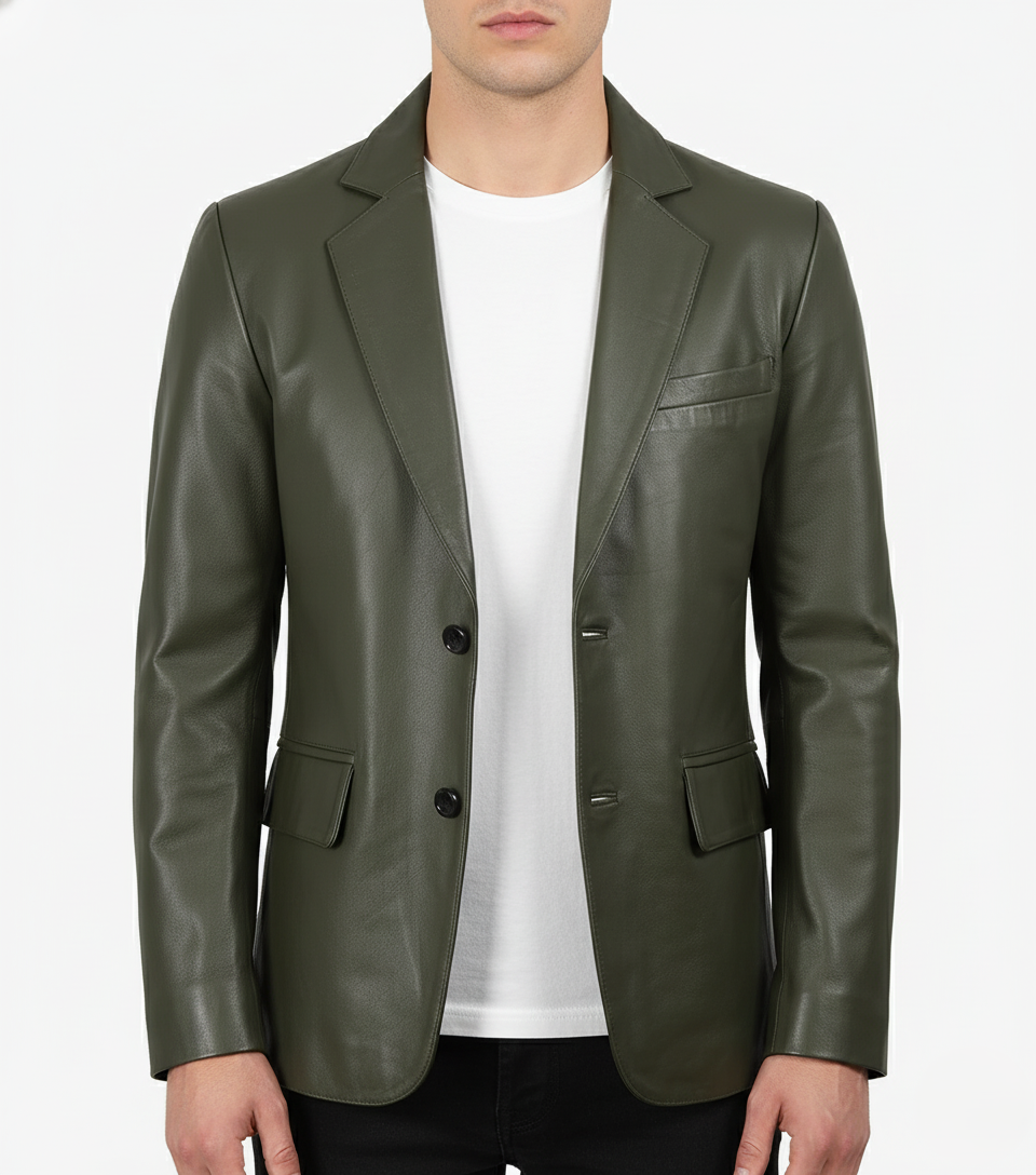 Mens Olive Green Leather Blazer Handmade Coat - Front View