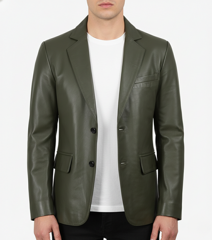 Mens Olive Green Leather Blazer Handmade Coat - Front View