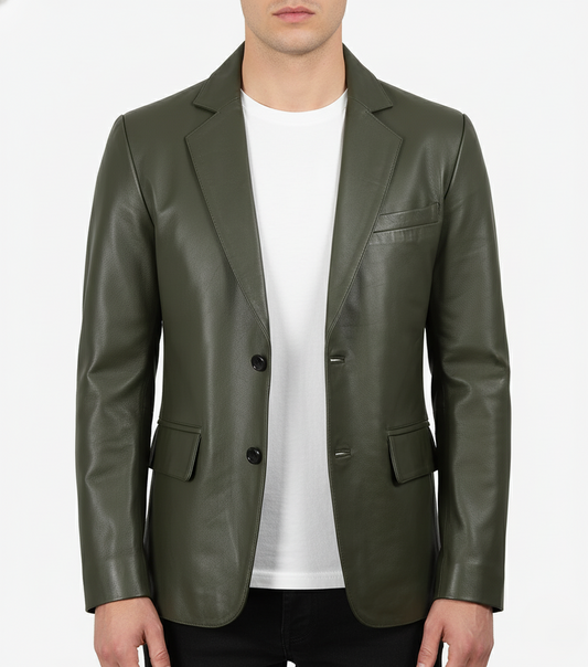 Mens Olive Green Leather Blazer Handmade Coat - Front View