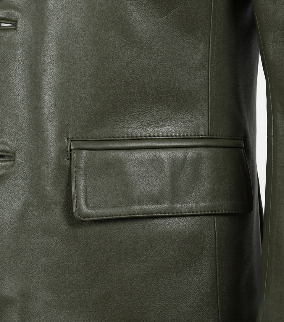 Mens Olive Green Leather Blazer Handmade Coat - Full Look