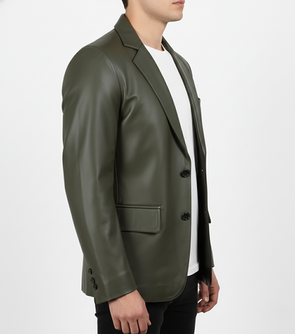 Mens Olive Green Leather Blazer Handmade Coat - side View