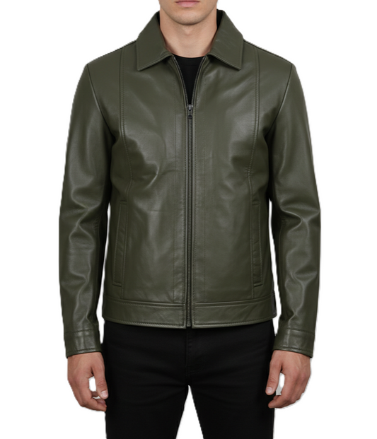 Mens Olive Green Leather Harrington Jacket - Front View