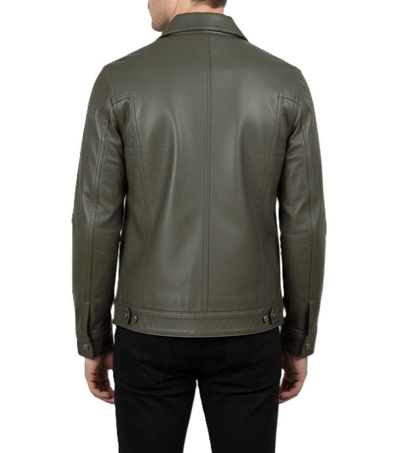 Men's Olive Green Leather Trucker Jacket - Back View