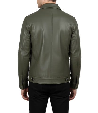 Men's Olive Green Leather Trucker Jacket - Back View
