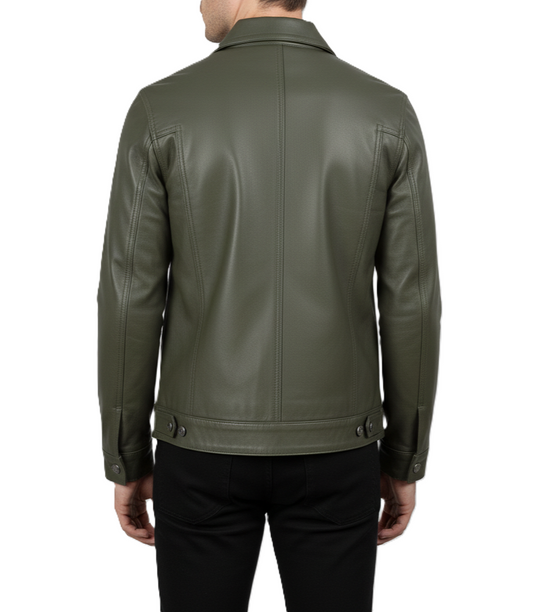 Men's Olive Green Leather Trucker Jacket - Back View