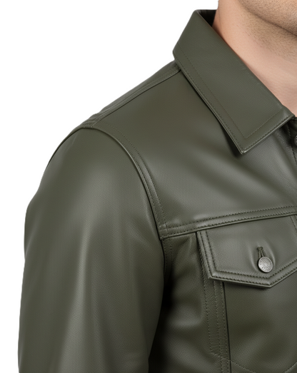 Men's Olive Green Leather Trucker Jacket - Full Look