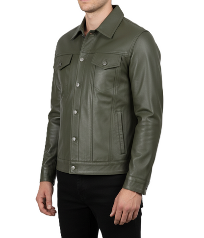 Men's Olive Green Leather Trucker Jacket - Side View