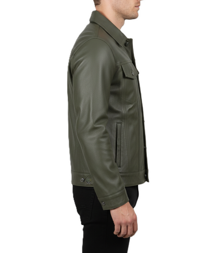 Men's Olive Green Leather Trucker Jacket - Detail View