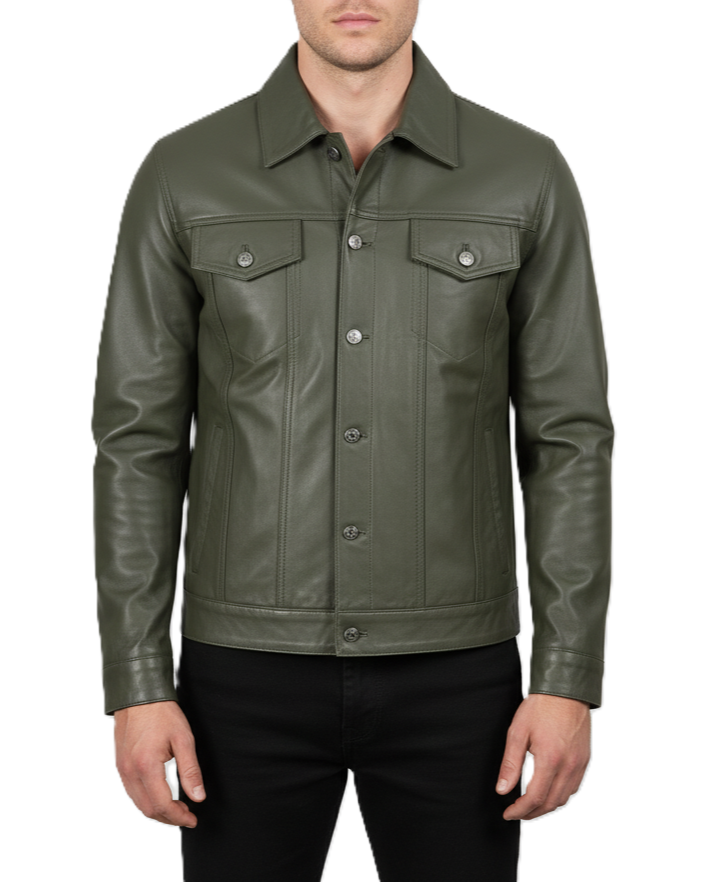 Men's Olive Green Leather Trucker Jacket - Front View