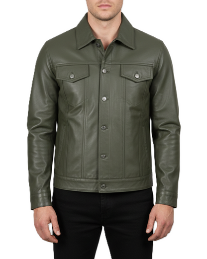 Men's Olive Green Leather Trucker Jacket - Front View
