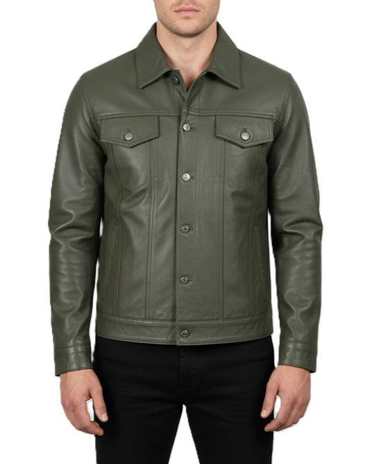 Men's Olive Green Leather Trucker Jacket - Front View