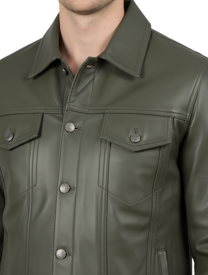 Men's Olive Green Leather Trucker Jacket - full Detail