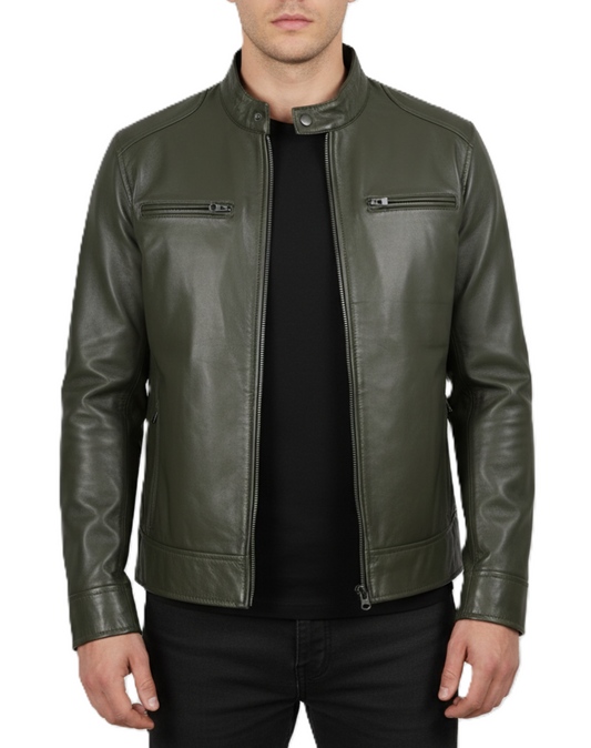 Mens Olive Green Real Leather Cafe Jacket - Front View