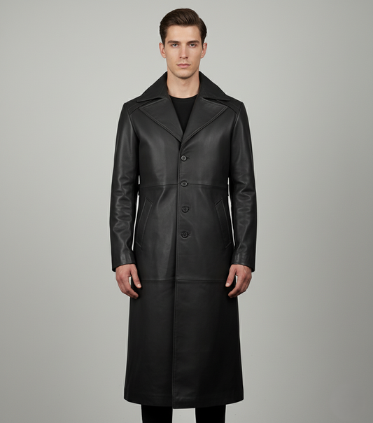 mens premium black leather long coat Front view