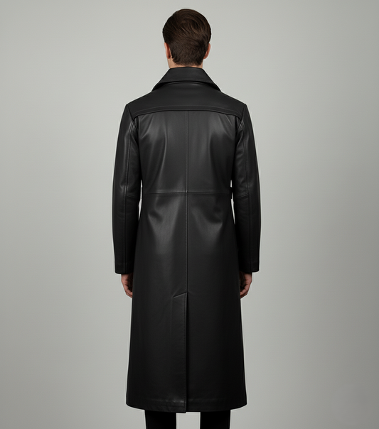 Mens Premium Black Leather Long Coat - Back View