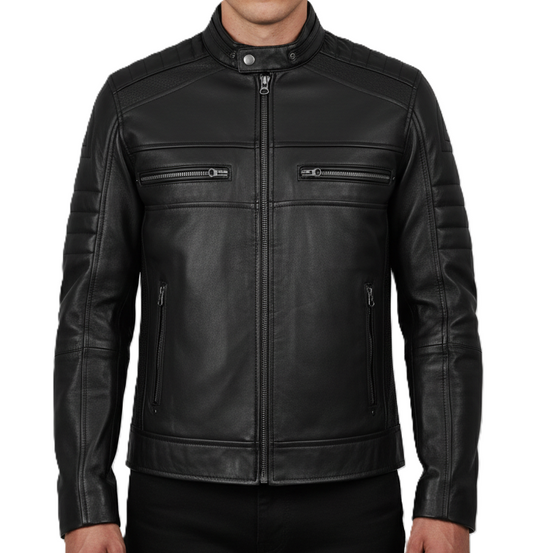 Mens Premium Black Motorbike Leather Jacket - Front View
