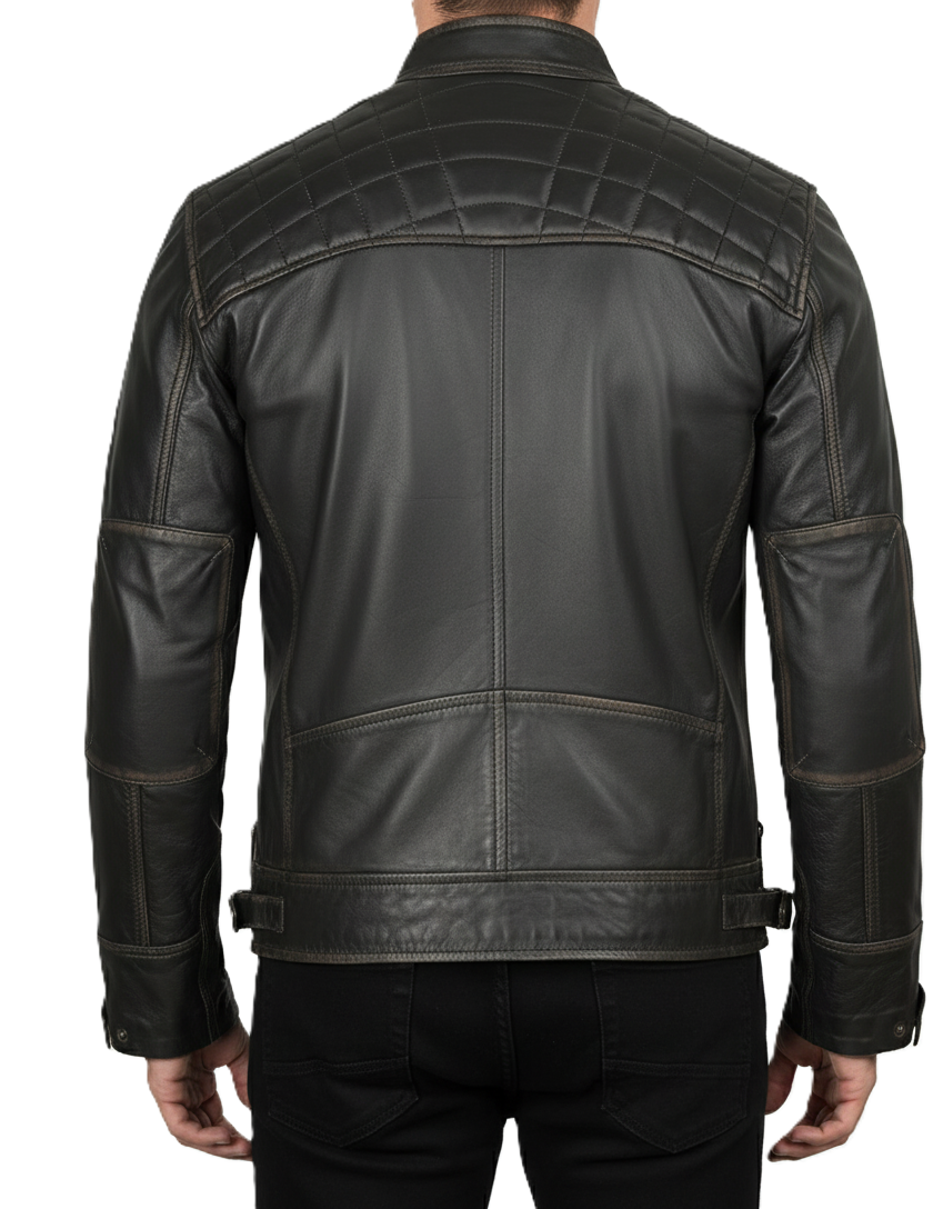 Mens Vintage Dark Brown Cafe Racer Leather Jacket - Back View