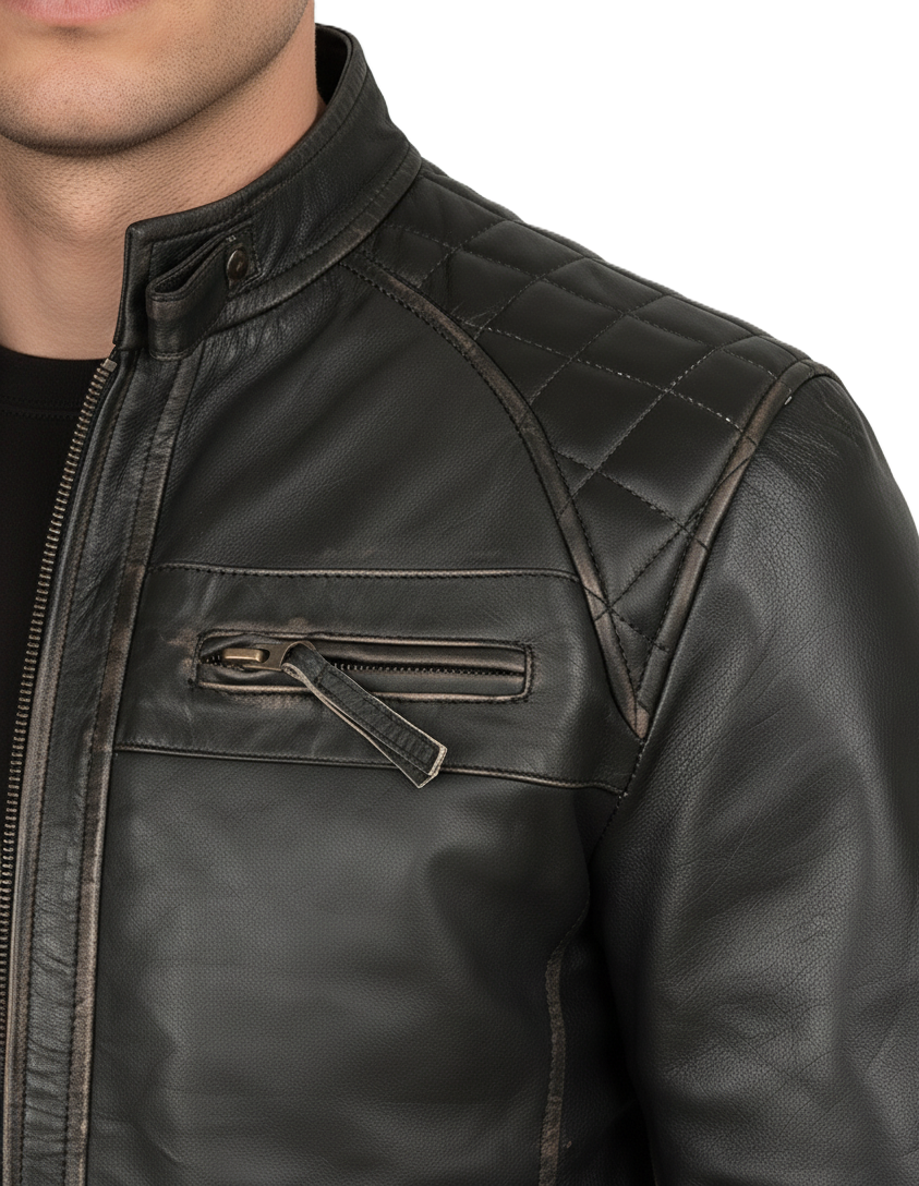 Mens Vintage Dark Brown Cafe Racer Leather Jacket - Collar Detail