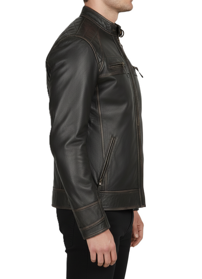 Mens Vintage Dark Brown Cafe Racer Leather Jacket - Detail View