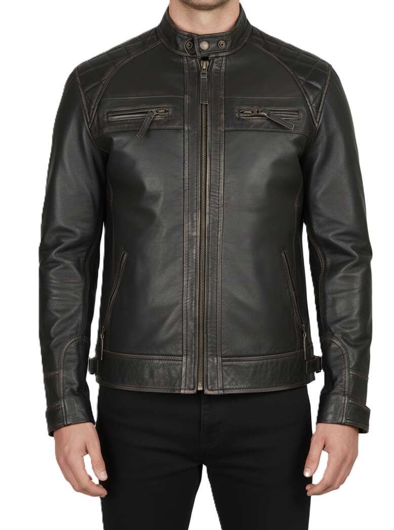 Mens Vintage Dark Brown Cafe Racer Leather Jacket - Front View