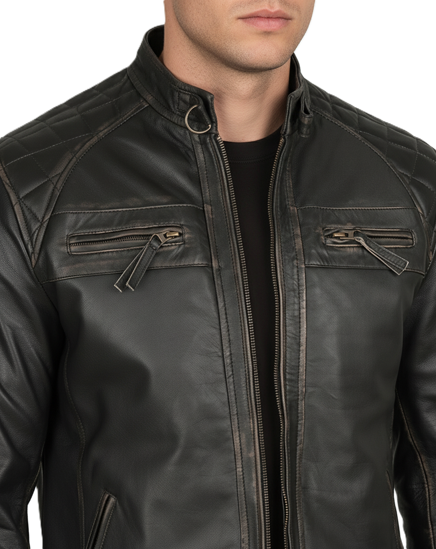 Mens Vintage Dark Brown Cafe Racer Leather Jacket - Full Look