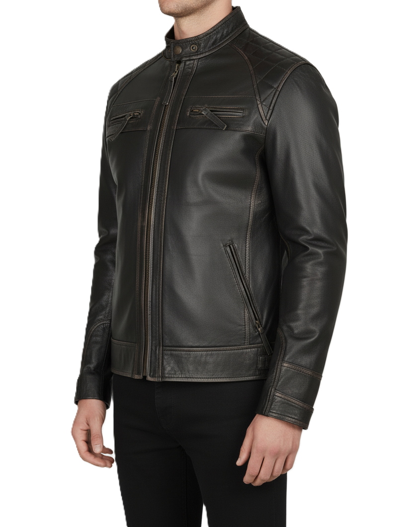 Mens Vintage Dark Brown Cafe Racer Leather Jacket - Side View