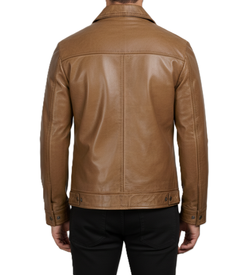 Mens Waxed Camel Brown Cafe Racer Jacket - Back View