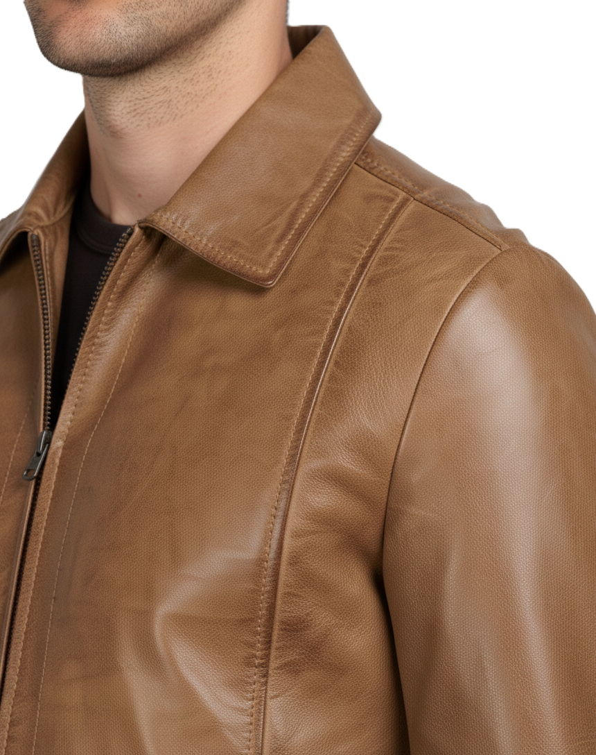 Mens Waxed Camel Brown Cafe Racer Jacket - Collar Detail