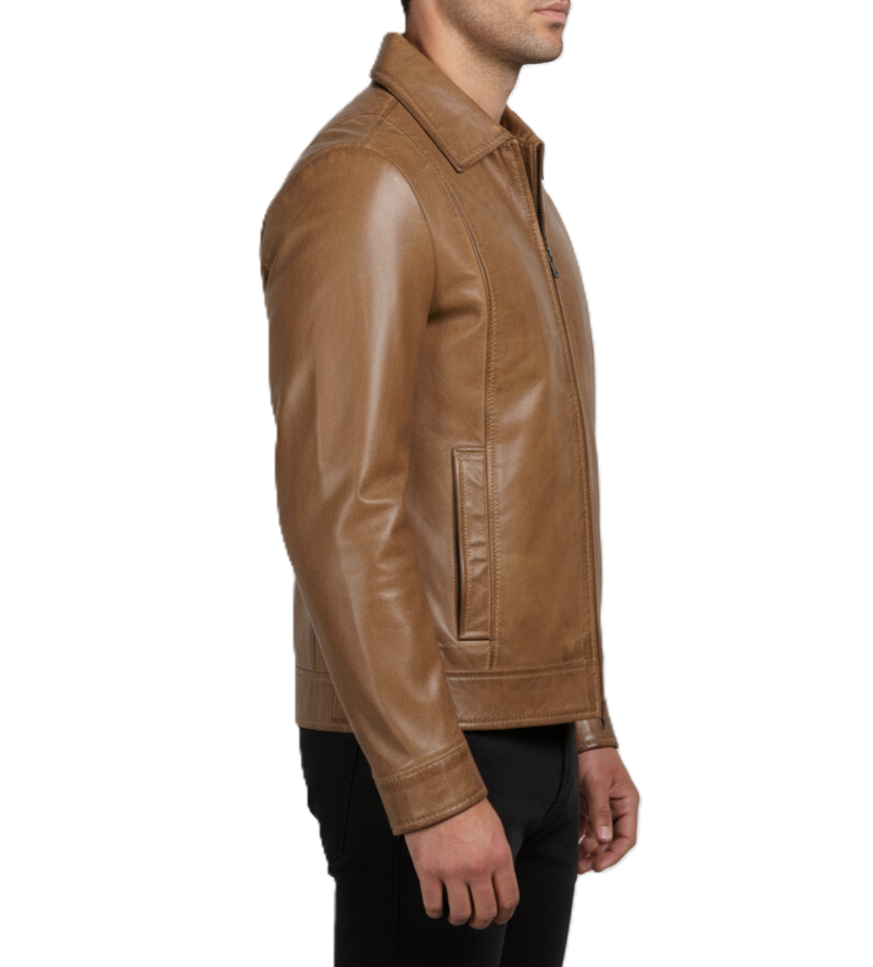 Mens Waxed Camel Brown Cafe Racer Jacket - Detail View