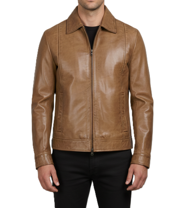 Mens Waxed Camel Brown Cafe Racer Jacket - Front View