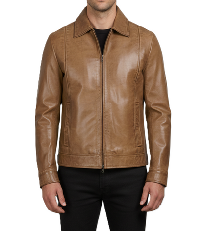 Mens Waxed Camel Brown Cafe Racer Jacket - Front View