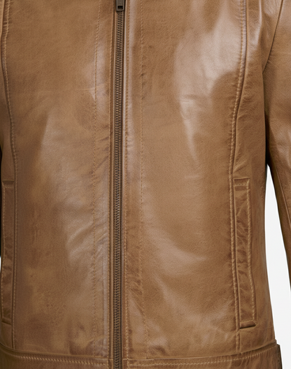 Mens Waxed Camel Brown Cafe Racer Jacket - Full Look