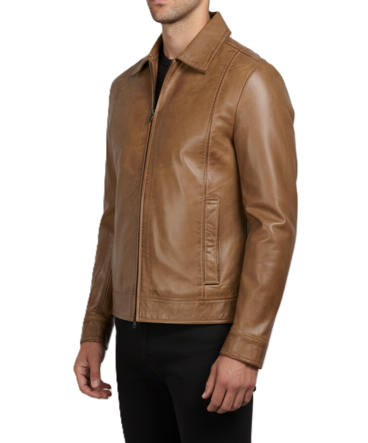 Mens Waxed Camel Brown Cafe Racer Jacket - Side View