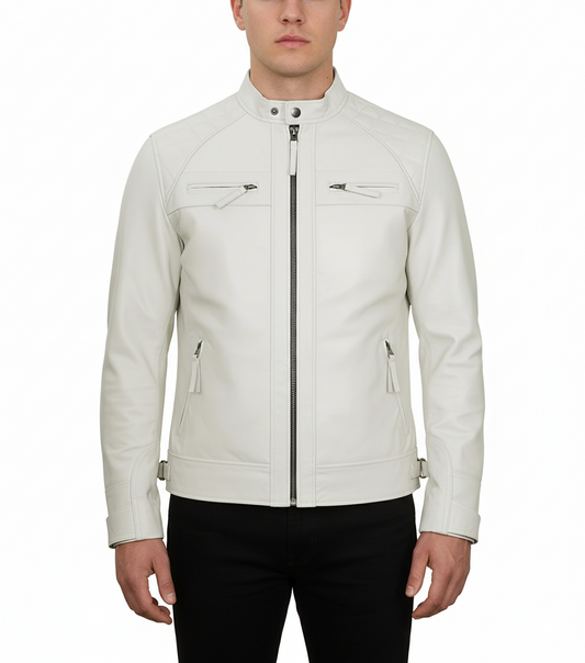 Mens White Cafe Racer Leather Jacket - Front View
