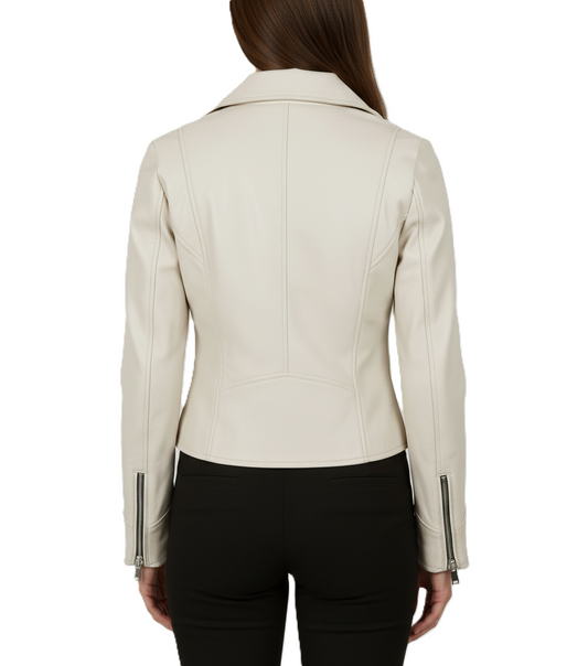 Womens Beige Leather Biker Jacket - Back View