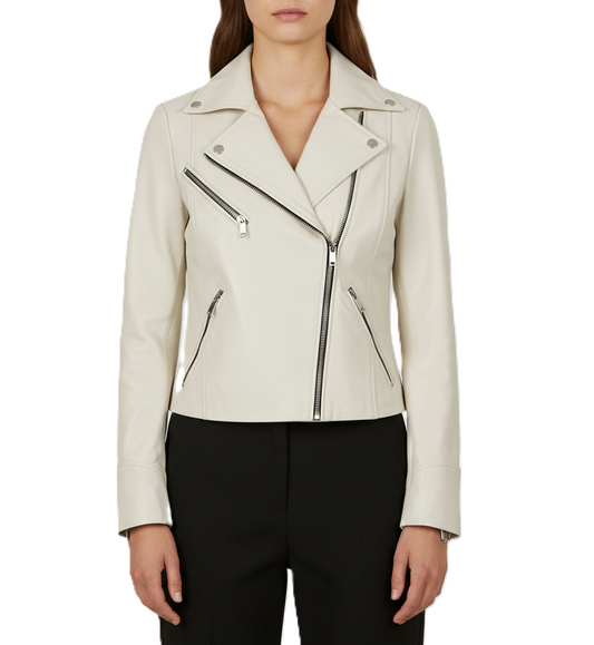 Womens Beige Leather Biker Jacket - Front View