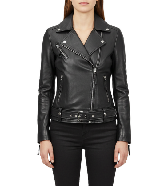 Womens Black Asymmetrical Leather Biker Jacket - Front View