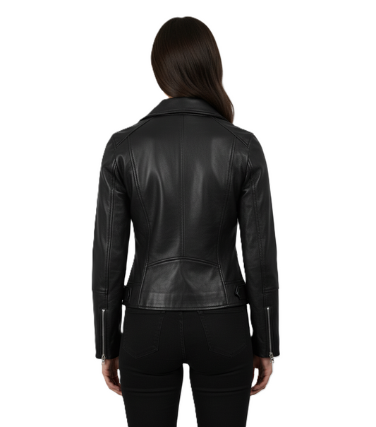 Womens Black Asymmetrical Real Leather Biker Jacket - Back View