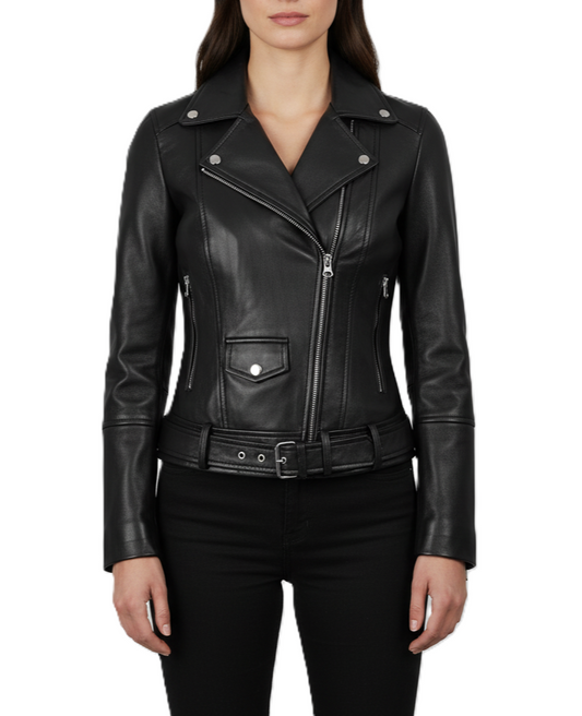 Womens Black Asymmetrical Real Leather Biker Jacket - Front View