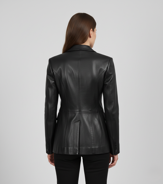 Womens Black Double Button Leather Coat - Back View