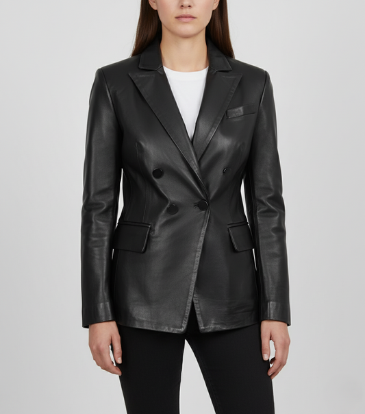 Womens Black Double Button Leather Coat - Front View