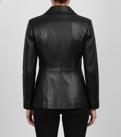 Womens Black Formal Leather Coat - Back Look