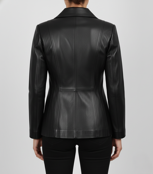 Womens Black Formal Leather Coat - Back Look
