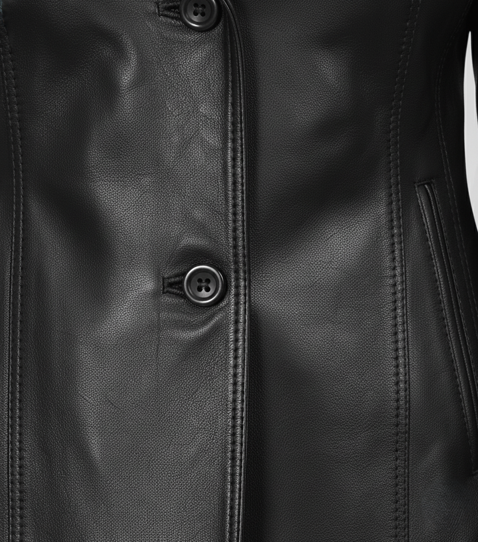 Womens Black Formal Leather Coat - Detail View