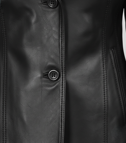 Womens Black Formal Leather Coat - Detail View