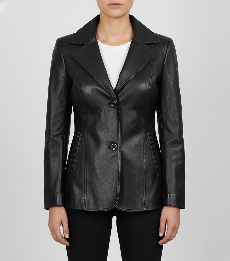 Womens Black Formal Leather Coat - Front View