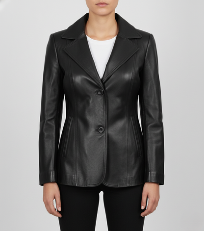 Womens Black Formal Leather Coat - Front View