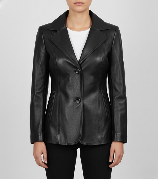 Womens Black Formal Leather Coat - Front View