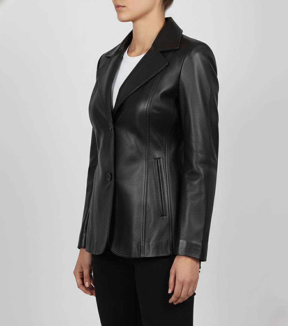 Womens Black Formal Leather Coat - Left View